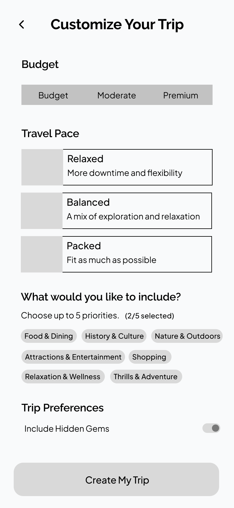 Wireframe: preferences screen